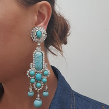 Load image into Gallery viewer, Lawrence VRBA Signed Large Statement Crystal Earrings - Faux Turquoise &amp; Clear Crystal