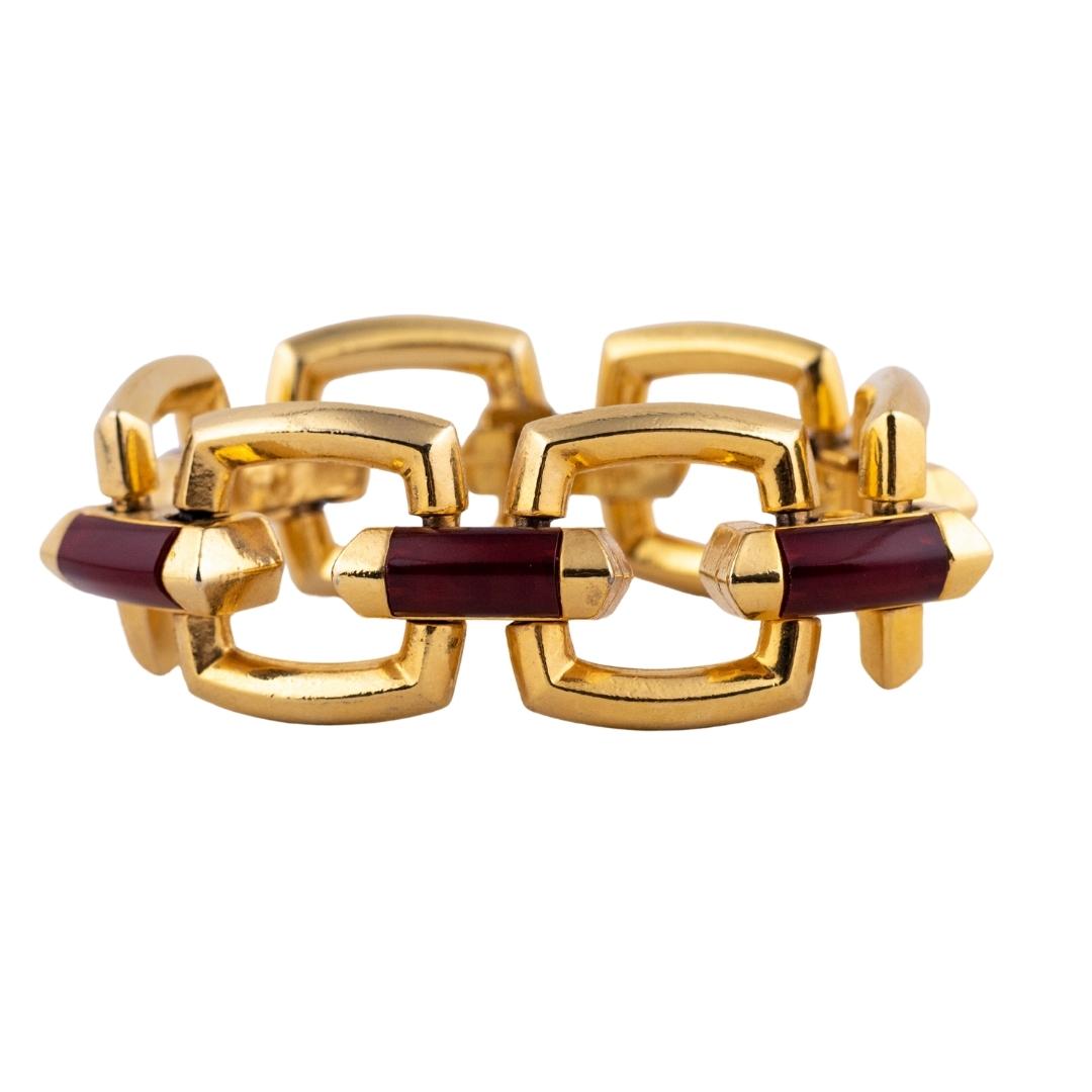 Vintage Signed Clarins Paris Gold & Red Link Bracelet c.1990s