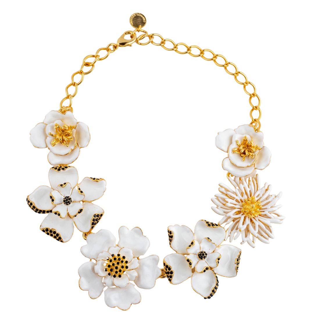 Signed Carolina Herrera White Enamel Flower Statement Necklace