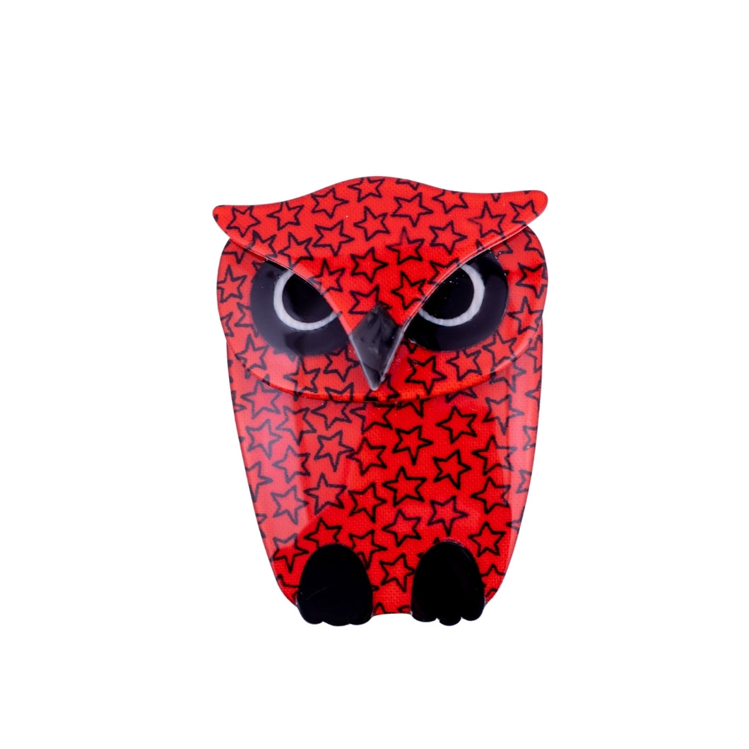 Lea Stein Signed Buba Owl Brooch Pin - Red & Black Stars