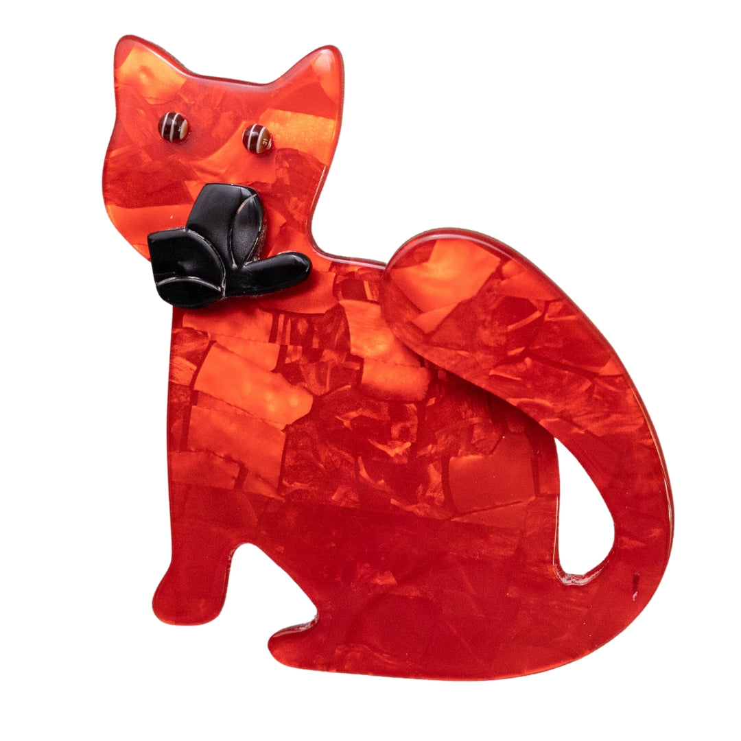 Lea Stein Watching Cat Brooch Pin - Red & Black