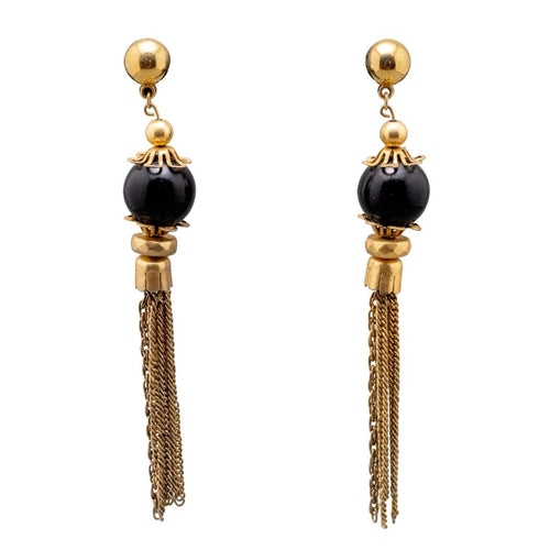 Vintage Black Stone & Tassel Dangle Earrings- (Pierced)