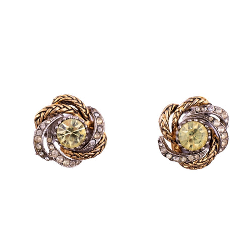 Vintage Citrine & Clear Crystal with Entwined Gold Plating Norman Hartnell Design Earrings c.1950- (Clip-On)