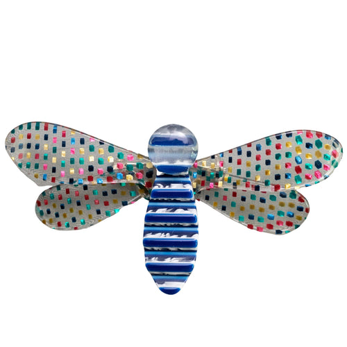 Lea Stein Rare Bee Brooch Pin- Blue & Rainbow Spots