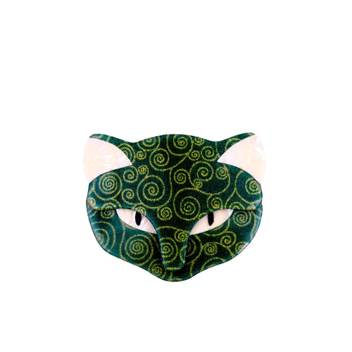Lea Stein Attila Cat Face Brooch Pin - Green Swirl
