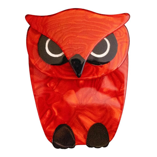 Lea Stein Signed Buba Owl Brooch Pin - Red & Black