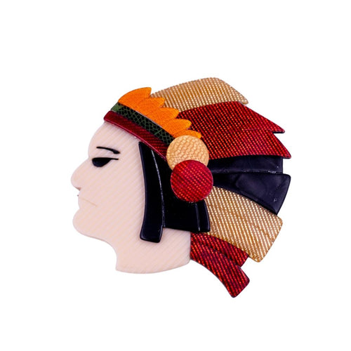 Lea Stein Signed Indian Chief Brooch Pin - Red, Black, Gold, Creme