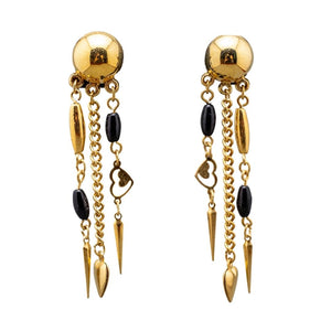 Black & Gold Heart Tassel Dangle Earrings- (Pierced)