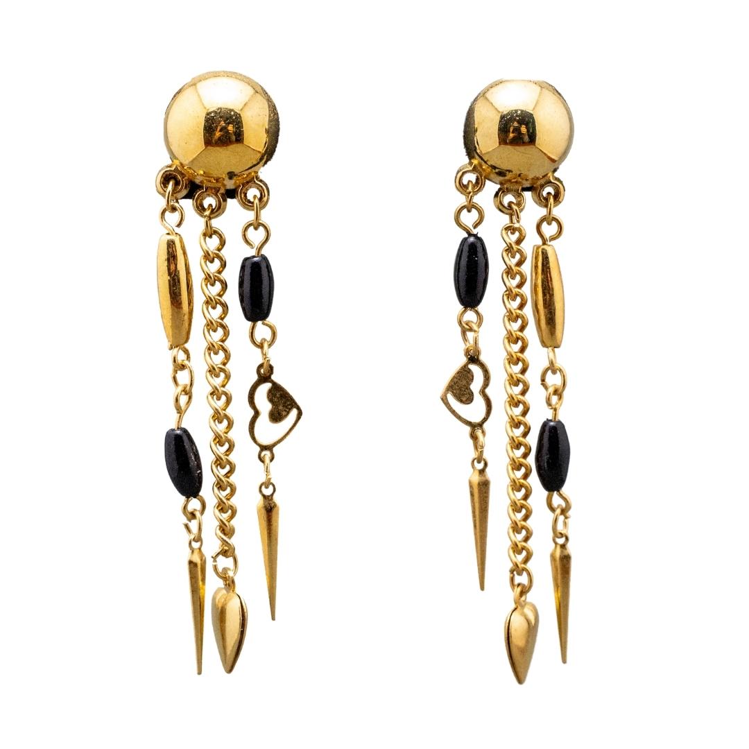 Black & Gold Heart Tassel Dangle Earrings- (Pierced)