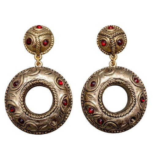 Vintage Double Drop Circular Earrings With Red Crystal (Clip-On)
