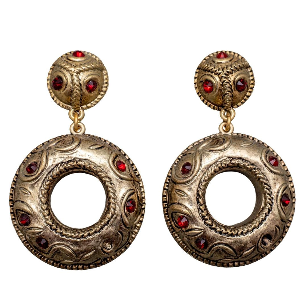 Vintage Double Drop Circular Earrings With Red Crystal (Clip-On)
