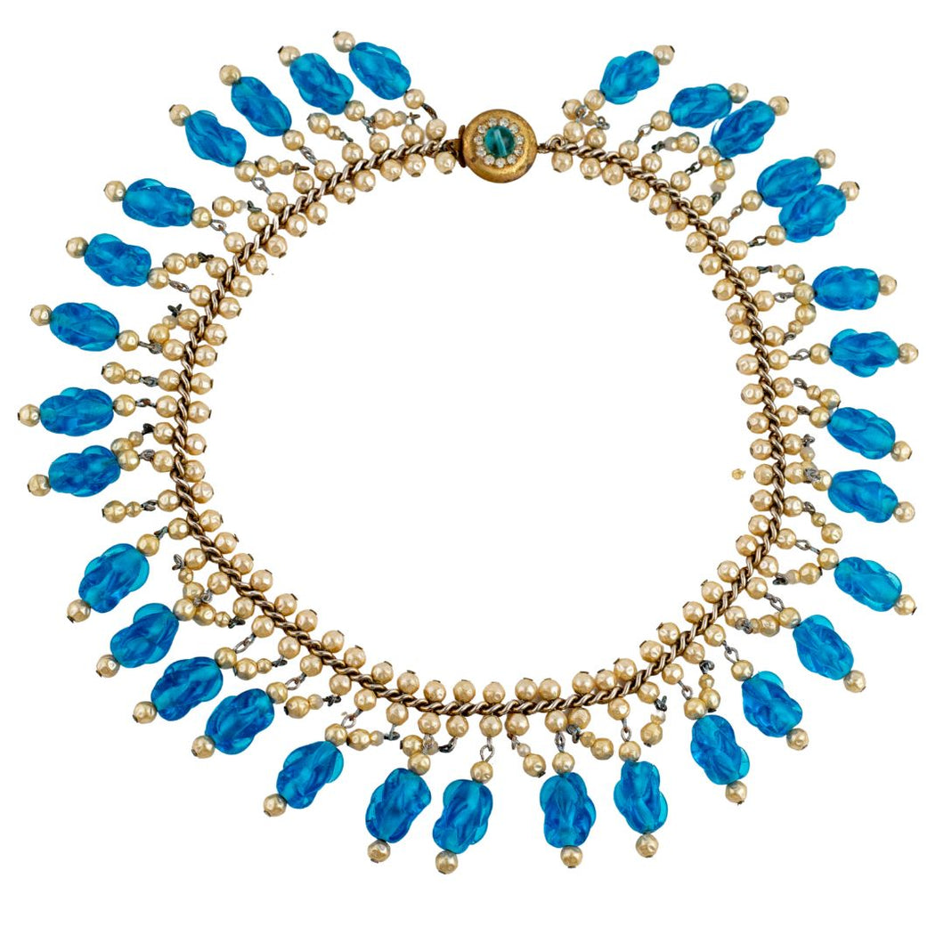 Vintage c.1950 Blue Crystal & Faux Pearls Decorative Statement Necklace