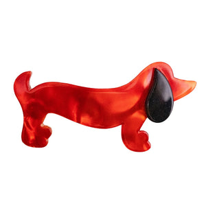 Lea Stein Signed Sausage Dog Dachshund Brooch Pin -  Red & Black