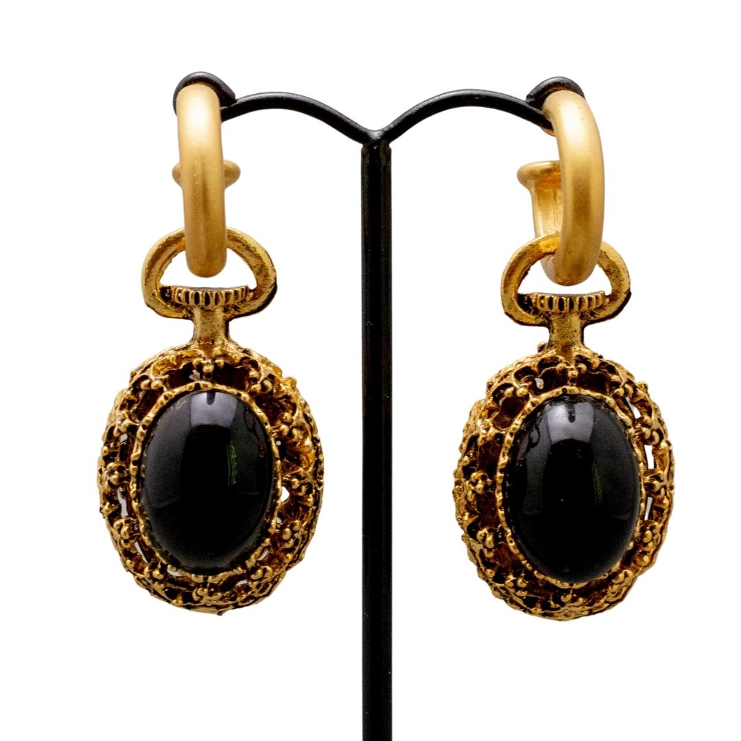 Vintage Interchangeable Earrings with Filigree Detail- Black Cabochon (Pierced)