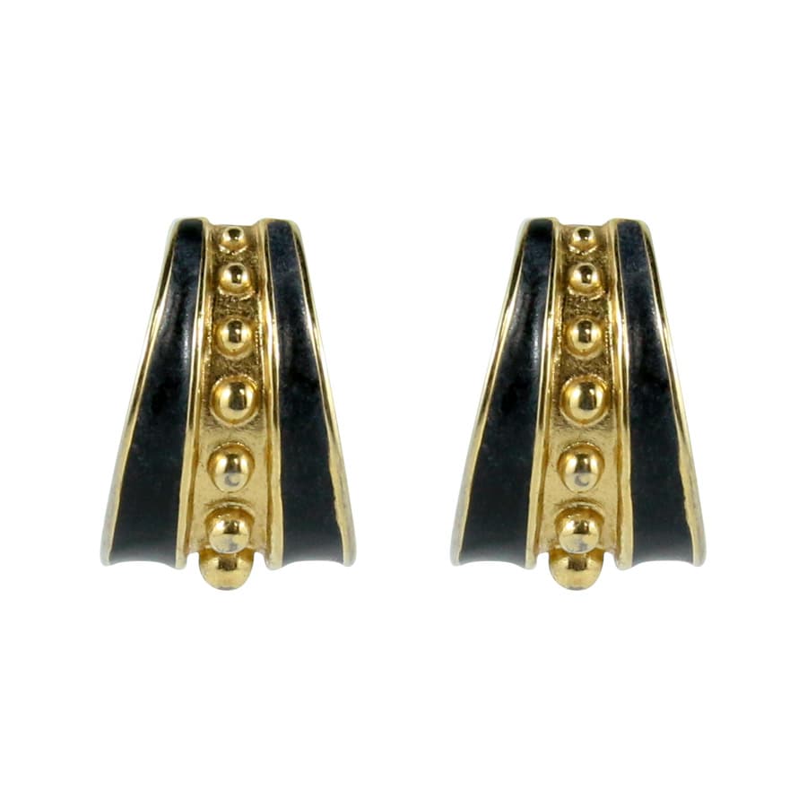 Vintage Monet - Signed Small Half Hoop Stud Earrings - Black Enamel & Gold Plating c. 1960 (Pierced)