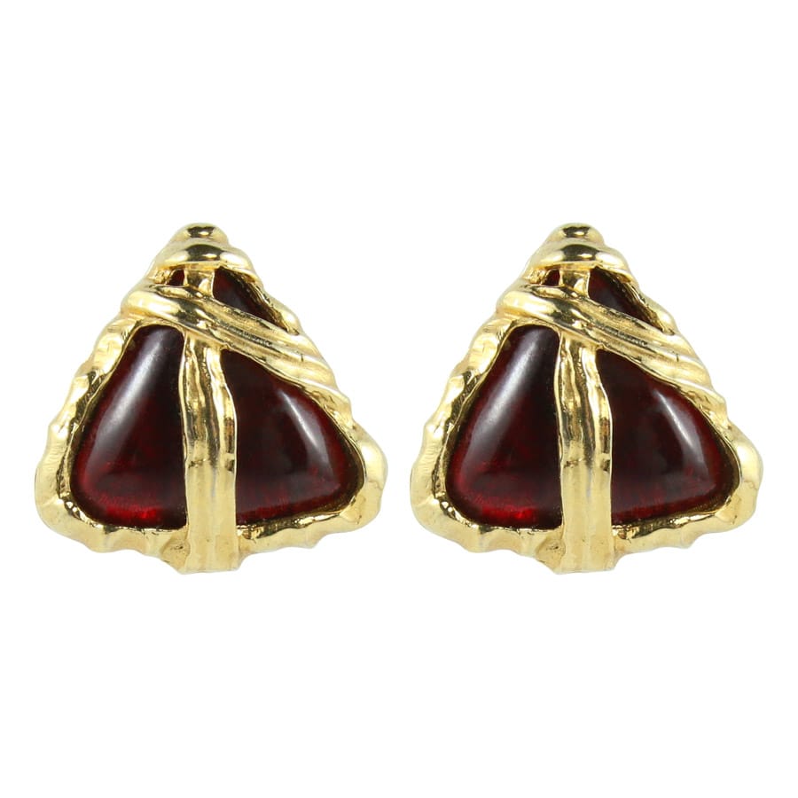 USA Vintage Signed Gold Tone & Red Glass Earrings (Clip-On)