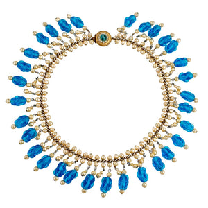 Vintage c.1950 Blue Crystal & Faux Pearls Decorative Statement Necklace