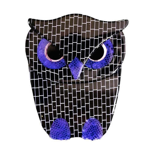 Lea Stein Signed Buba Owl Brooch Pin - Black Tile & Purple
