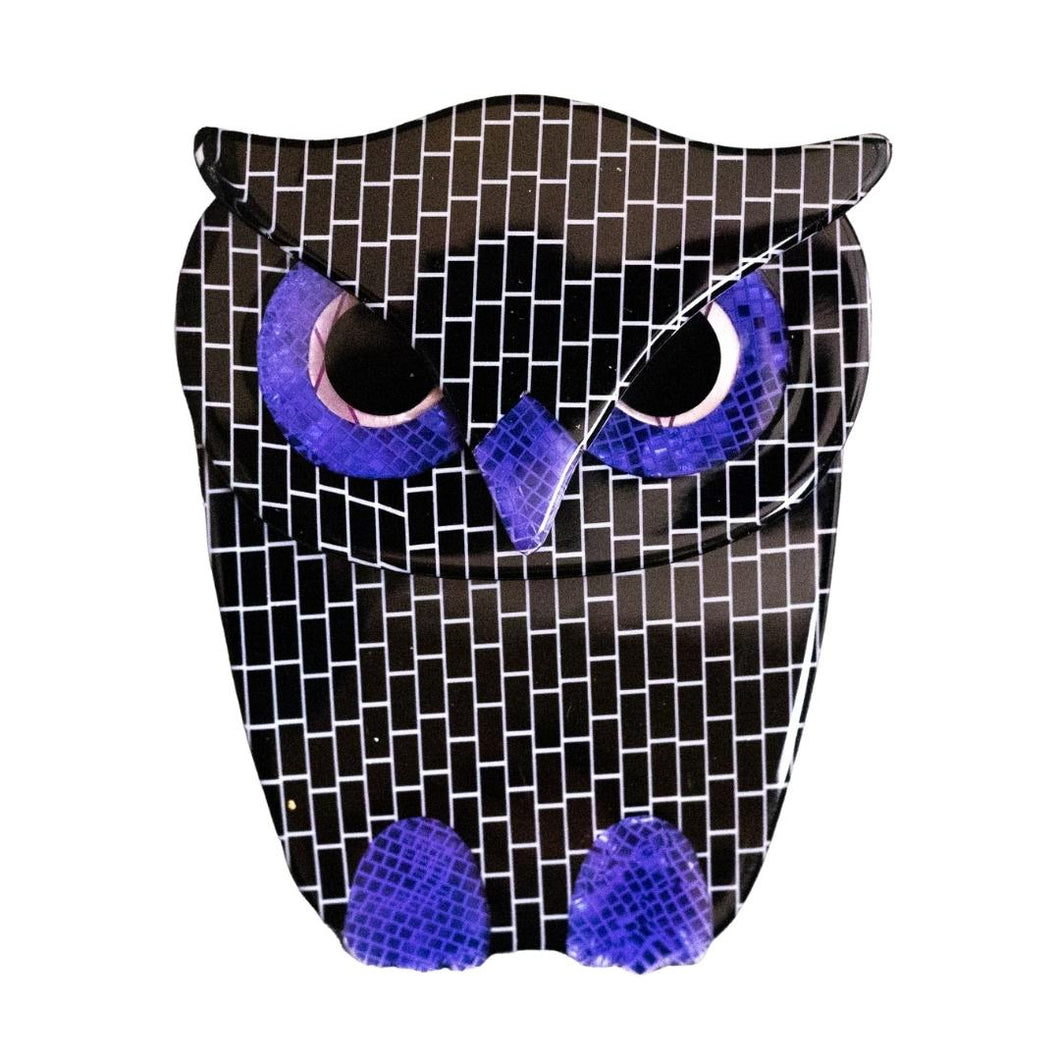 Lea Stein Signed Buba Owl Brooch Pin - Black Tile & Purple