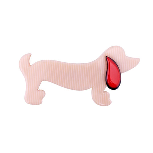 Lea Stein Signed Sausage Dog Dachshund Brooch Pin -  Creme & Red