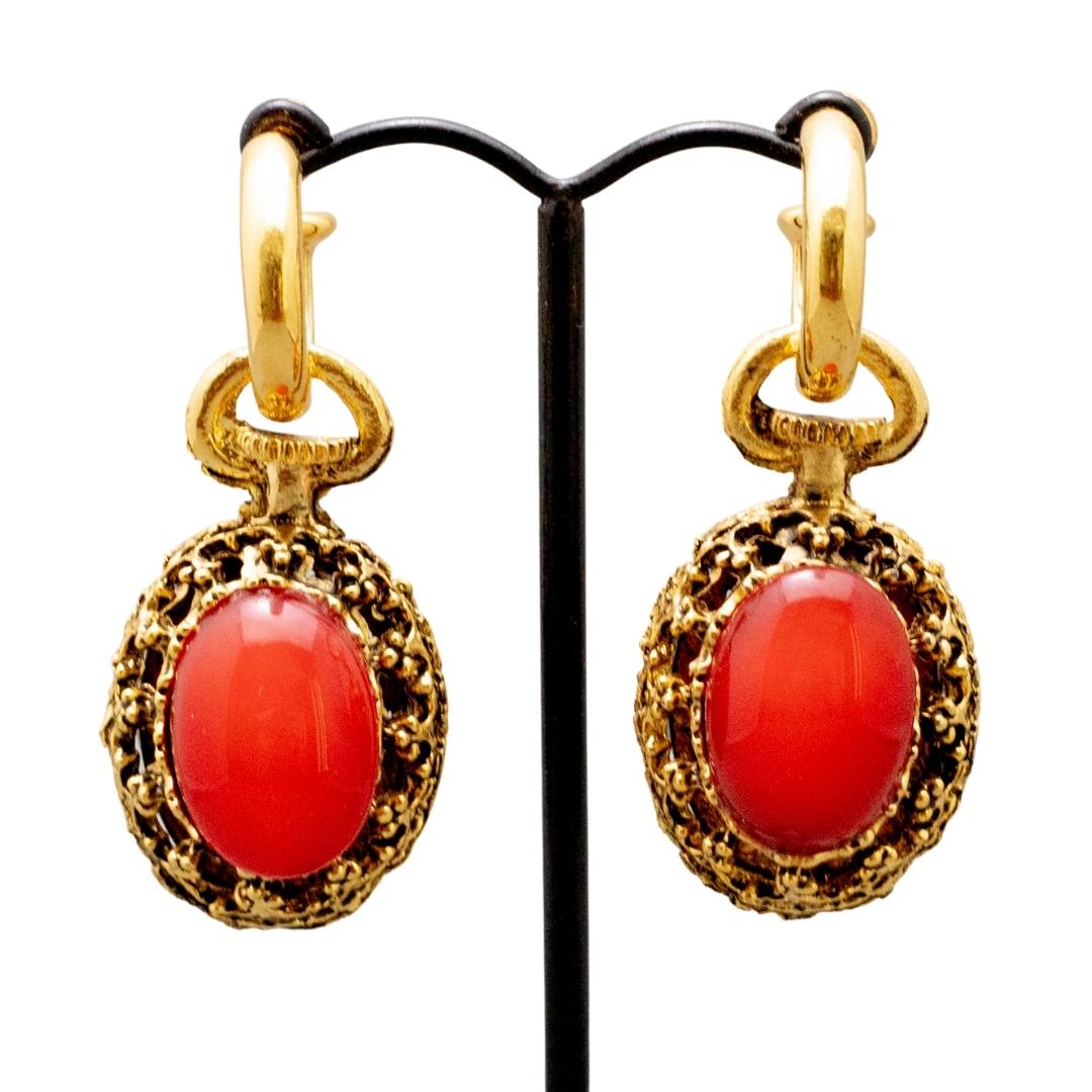 Vintage Interchangeable Earrings with Filigree Detail- Orange Cabochon (Pierced)