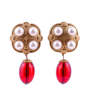 Vintage Chunky Red Acrylic & Gold with Faux Pearl Earrings c.1970s - (Clip-On)