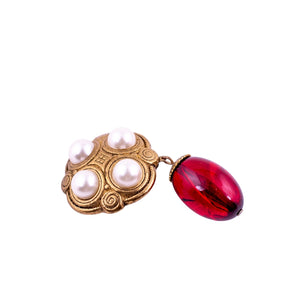 Vintage Chunky Red Acrylic & Gold with Faux Pearl Earrings c.1970s - (Clip-On)