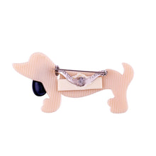 Load image into Gallery viewer, Lea Stein Signed Sausage Dog Dachshund Brooch Pin -  Creme &amp; Red