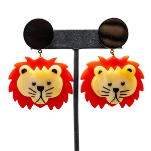 Pavone Signed Lion With Orange Mane Earrings (Pierced)