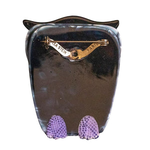 Lea Stein Signed Buba Owl Brooch Pin - Black Tile & Purple