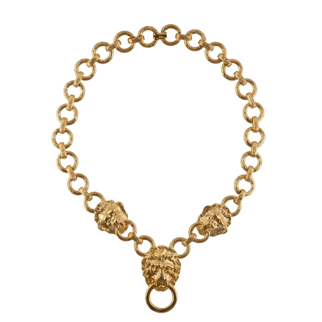 Signed Kenneth Jay Lane Gold Link Necklace with Lion Heads