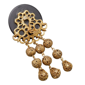 Vintage Circular Medallion Black & Orange Resin Triple Drop Earrings- (Clip On)