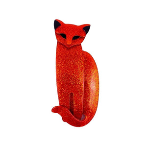 Lea Stein Quarrelsome Cat Brooch Pin - Orange Glitter