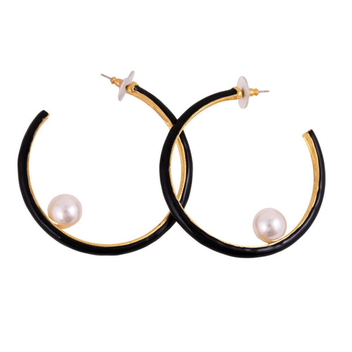 Signed Kenneth Jay Lane Black Enamel Hoop Earring with Pearl Ball (Pierced)