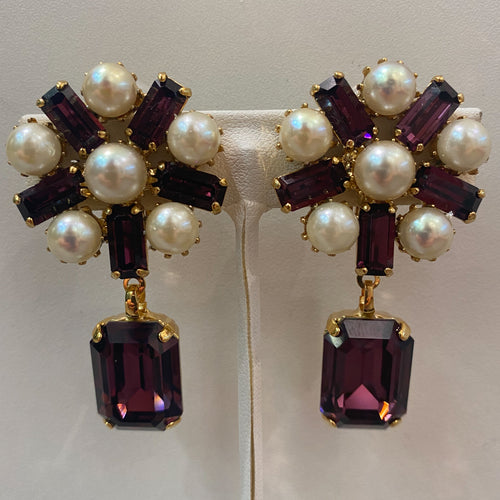 Harlequin Market Purple Crystal Earrings With Faux Pearl (Clip-On Earrings)