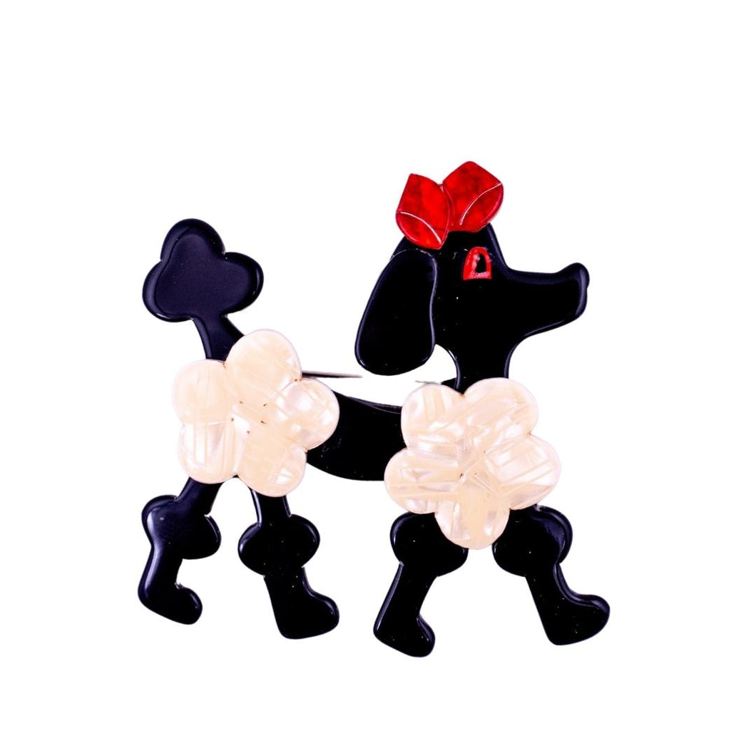 Lea Stein Signed Poodle Brooch Pin - Black, Creme & Red