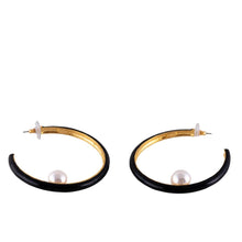 Load image into Gallery viewer, Signed Kenneth Jay Lane Black Enamel Hoop Earring with Pearl Ball (Pierced)