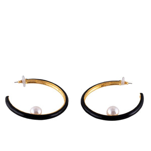 Signed Kenneth Jay Lane Black Enamel Hoop Earring with Pearl Ball (Pierced)