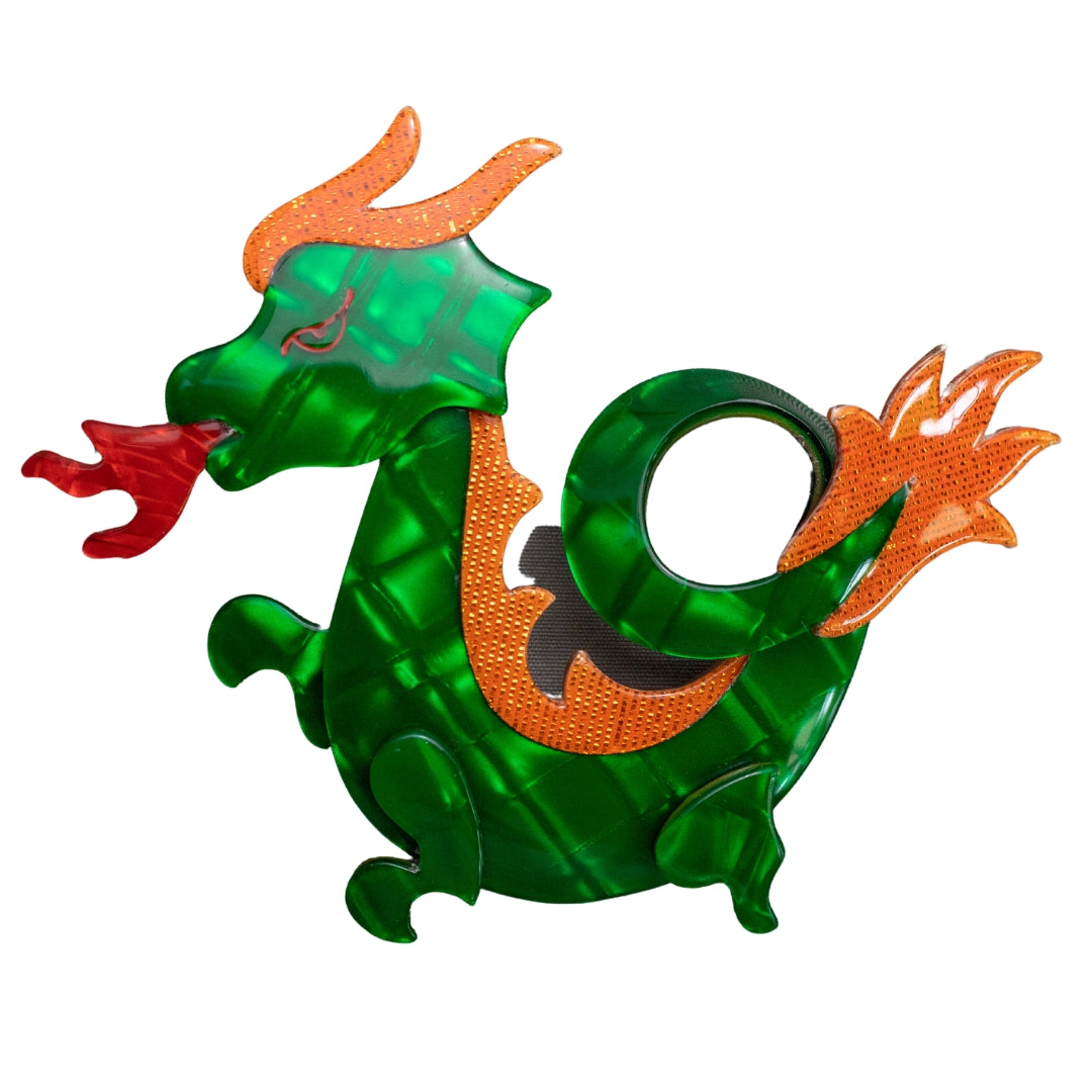 Lea Stein Signed Dragon Brooch Pin - Green & Orange