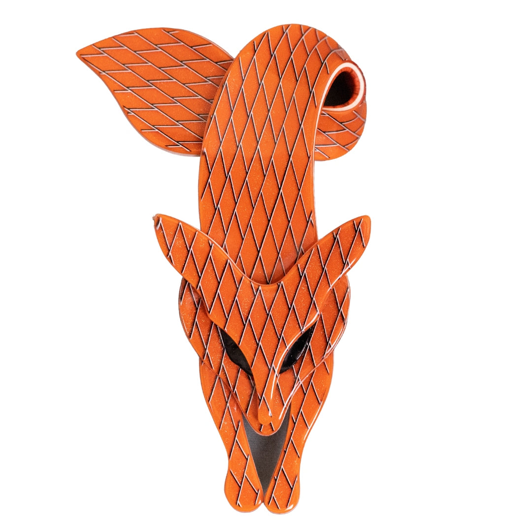 Lea Stein Famous Renard Fox Brooch Pin - Orange Tile Print