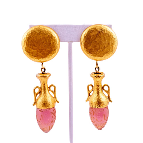 Vintage Signed Nina Ricci Gold Plated & Acrylic Urn Shaped Earrings - (Clip-On)