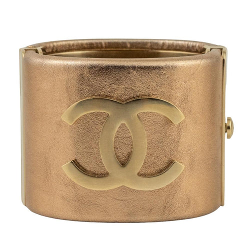 Signed Chanel Iridescent Gold Leather 'CC' Cuff