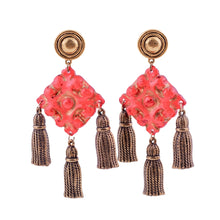 Load image into Gallery viewer, Vintage New York Lucite with Gold Leaf Etching &amp; Brass Tassel Earrings c.1970 - (Clip-On)