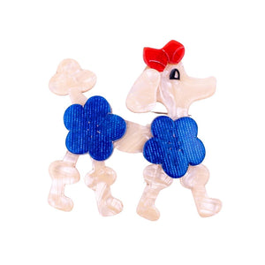 Lea Stein Signed Poodle Brooch Pin - Creme, Blue & Red