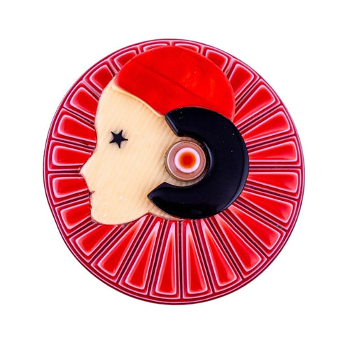 Lea Stein Full Collerette Art Deco Girl Brooch Pin - Red, White & Black