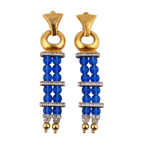Vintage Blue Glass & Crystal Statement Earrings- (Clip-On)