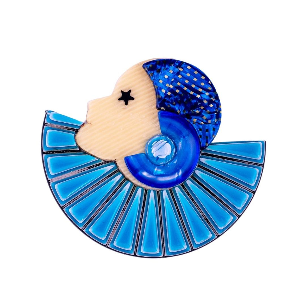 Lea Stein Half Collerette Art Deco Girl Brooch Pin - Blue & White