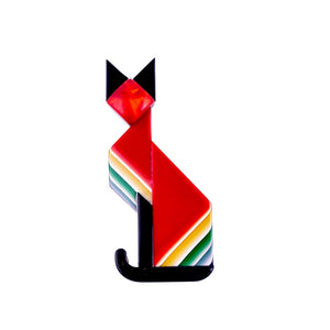 Lea Stein Art Deco Cat Face Brooch Pin - Red, Black, Yellow, Green, Blue