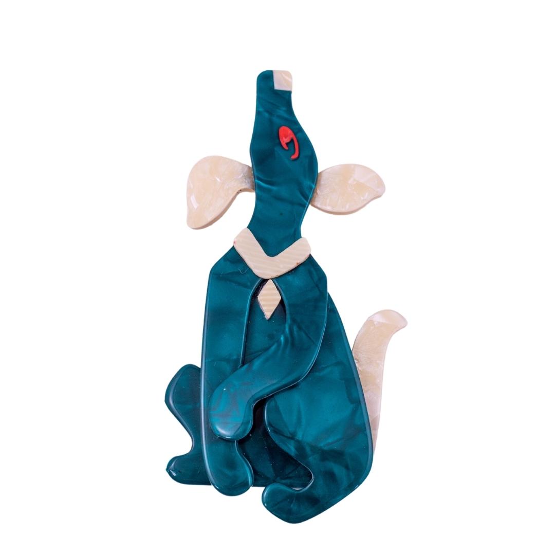 Lea Stein Signed Pouf Dog Brooch - Green & Creme