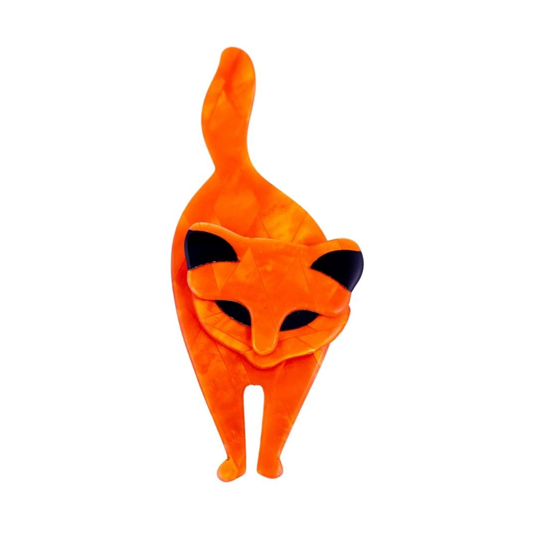 Lea Stein Bacchus Standing Cat Brooch Pin - Orange Tile